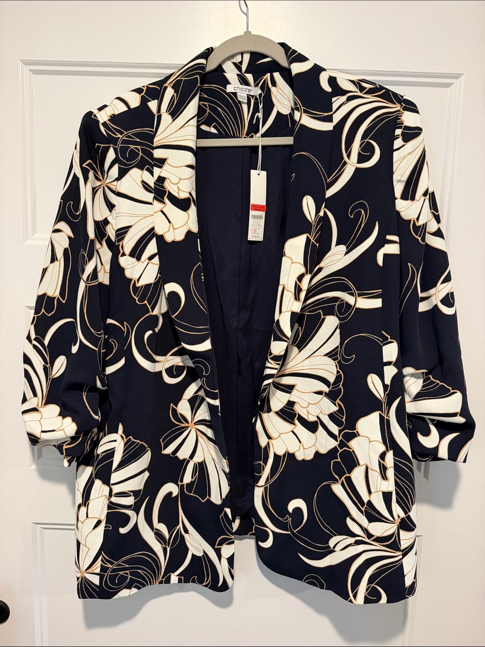 Chico's Black Floral-Print Open Blazer with Ivory Accents